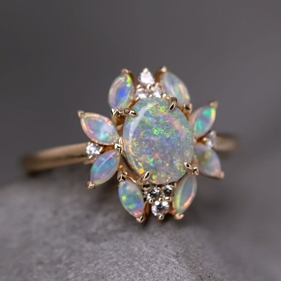 Unique Design Solid Opal Diamond Engagement Ring 18K Yellow Gold - Picture 5 of 5